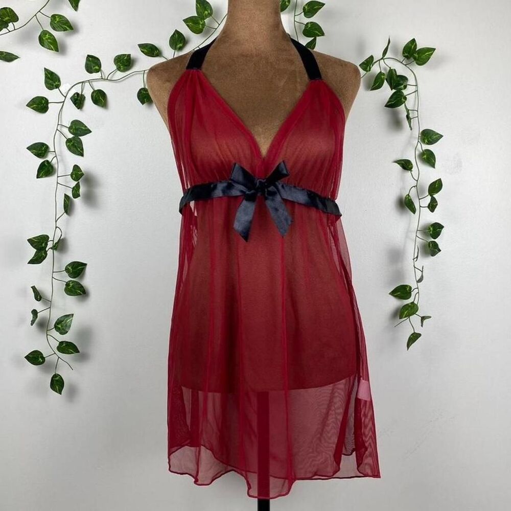 Red halter top mini dress sheer mesh babydoll lingerie black bow vamp romantic